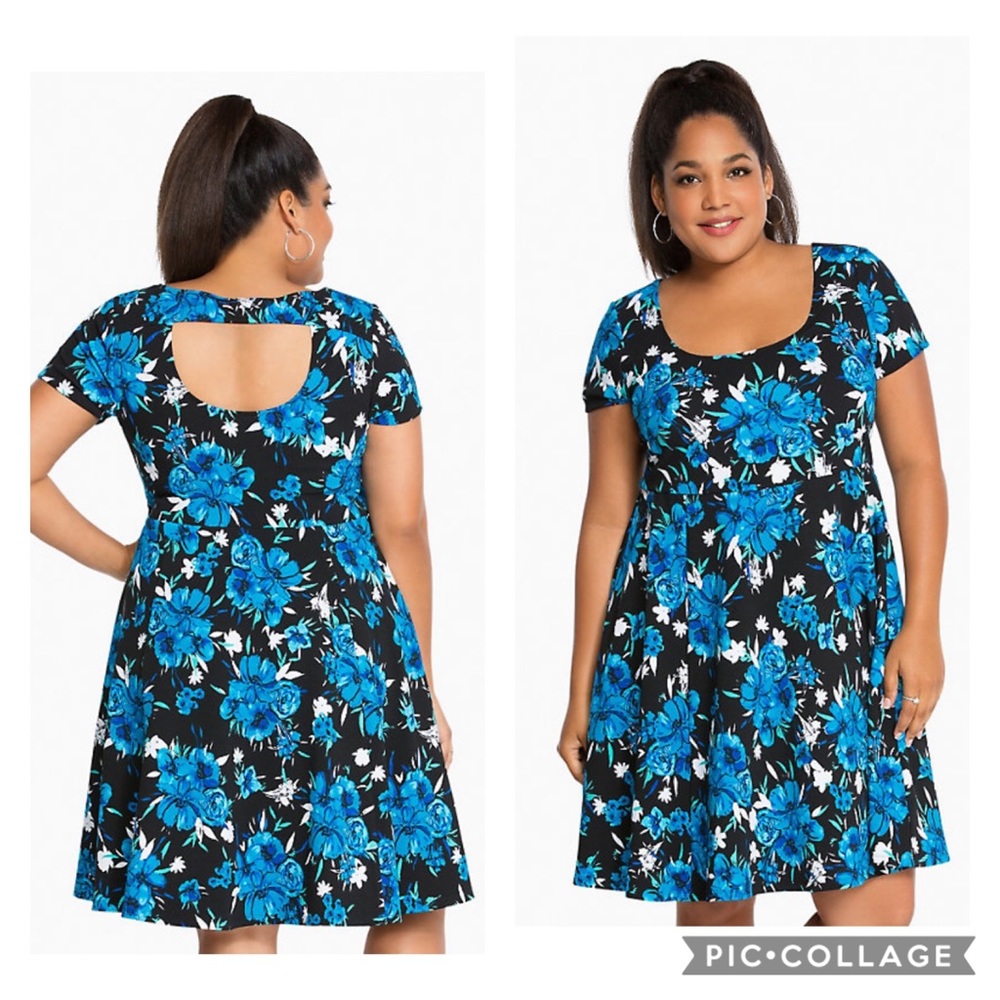 Torrid Blue & Black Floral Textured Skater Dress